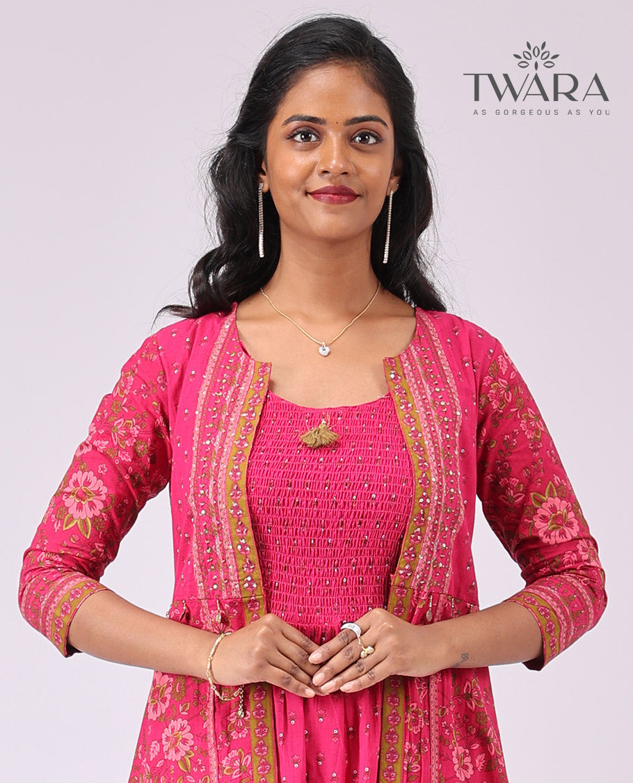 Twara Pink floral motifs, round neck knee lenght, 3/4 sleeve with floral printed over coat kurti