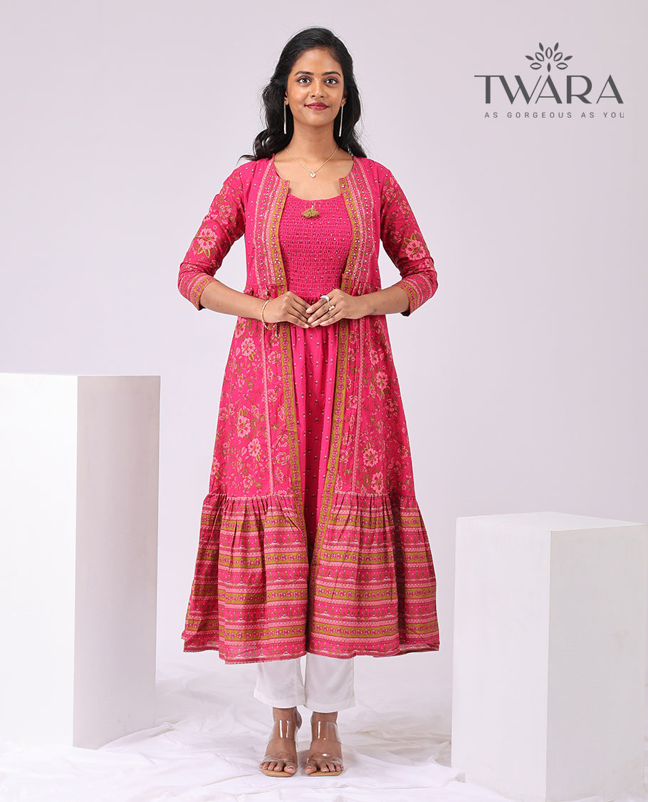 Twara Pink floral motifs, round neck knee lenght, 3/4 sleeve with floral printed over coat kurti