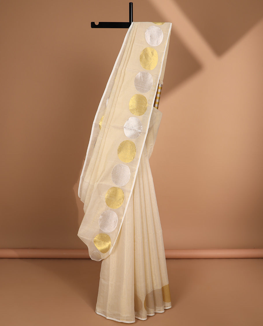Cream kasavu saree with self geometric design border & struiped pallu