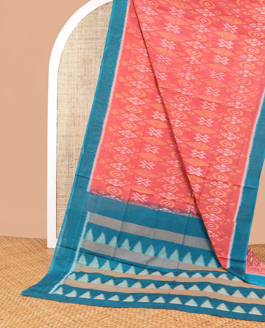 Red floral design ikkat cotton saree with contrast border & geometric design pallu