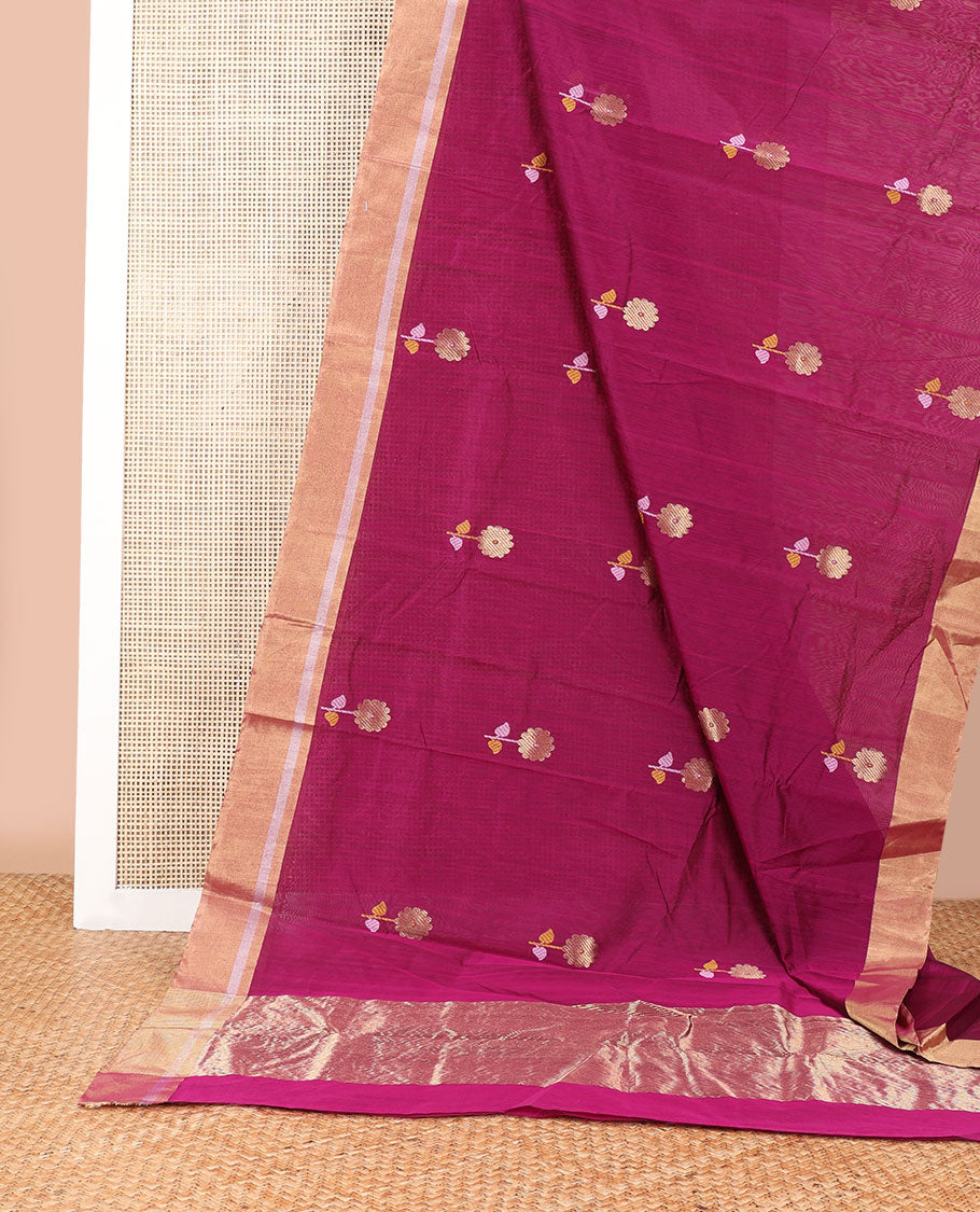 Dark pink floral motifs chanderi cotton saree with contrast zari design border & striped pallu