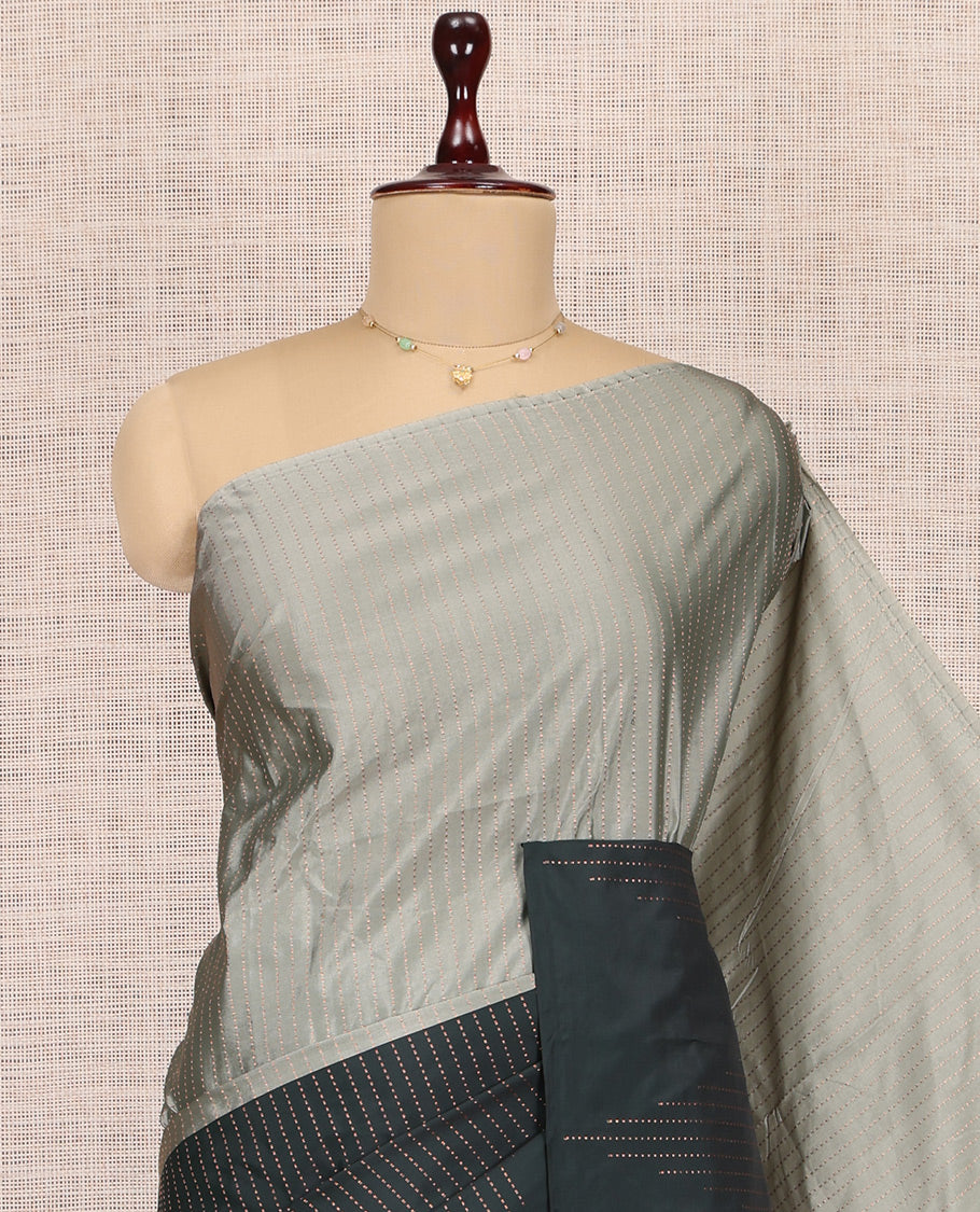 Borderless Grey-Green Arani Saree, Crafted with Zari Stripes, a Self-Pallu, and a Matching Blouse