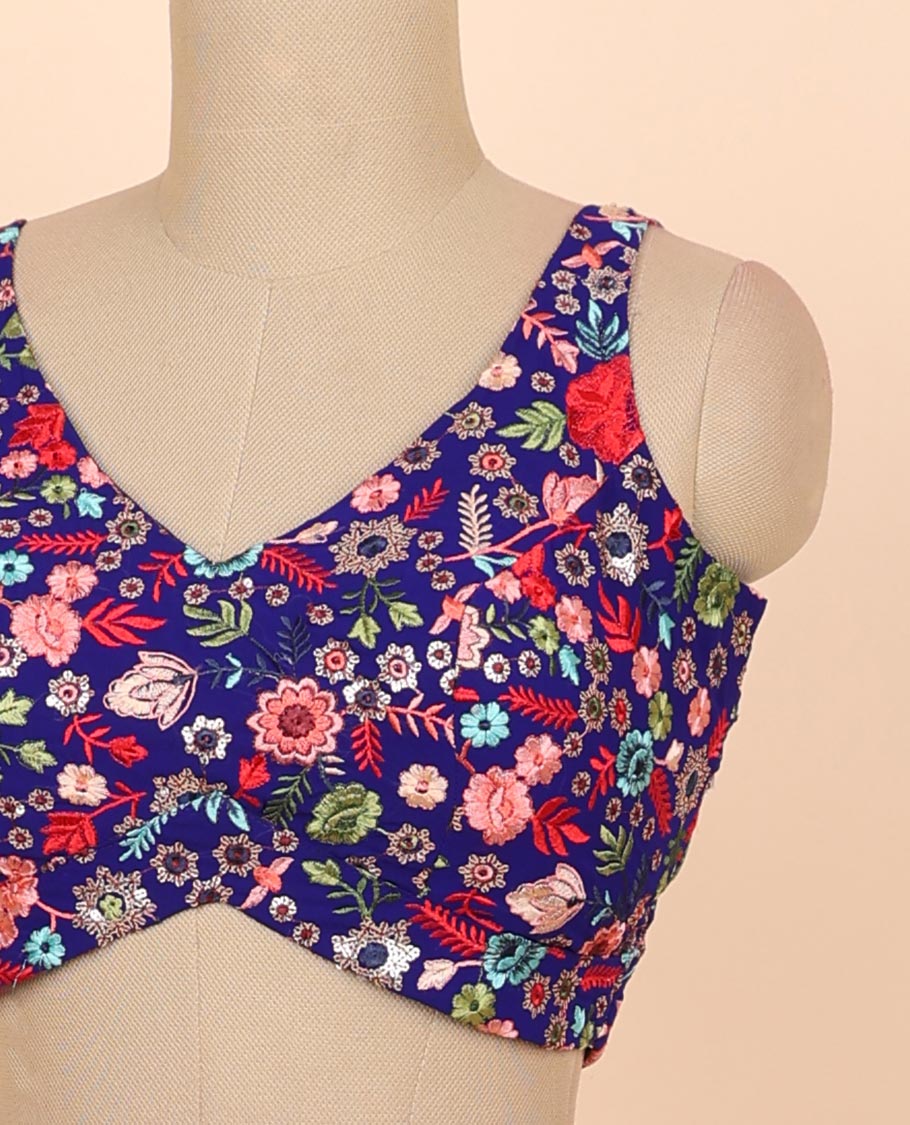 Blue floral embroidered front & back deep v-neck raw-silk readymade sleeveless blouse