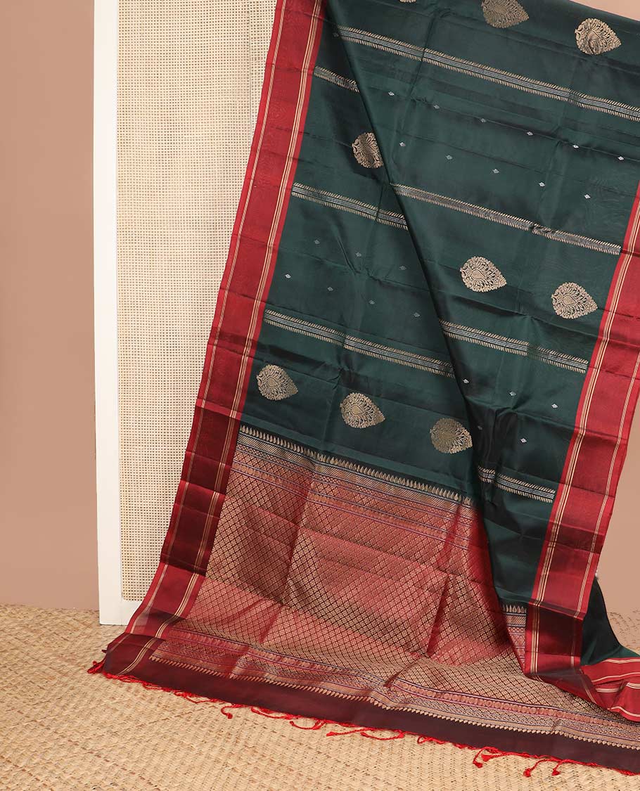 Green zari buttas silk mix saree, contrast rettai pettu zari striped border & pallu of jaal designs