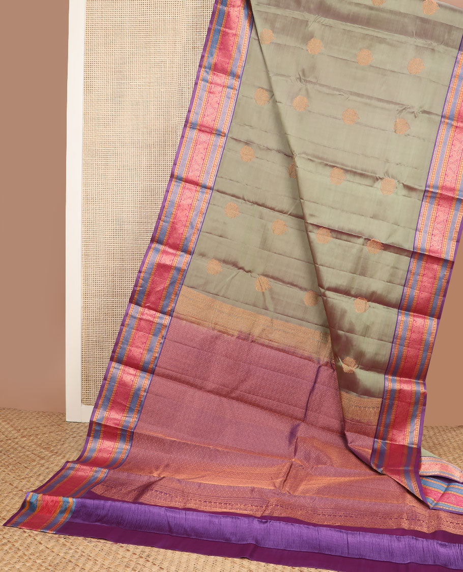 Green zari buttas vasundhara silk mix saree, contrast jaal pallu & border of thilakam,banaras,poun,neli & mayil