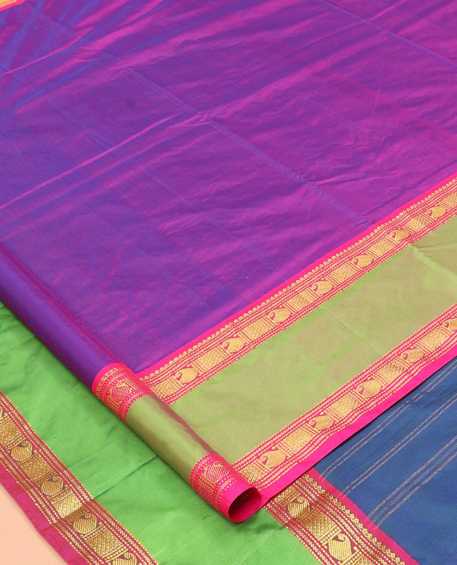 Purple Plain Ten Yard Saree, Complemented by a Contrast Rettai Pettu Traditional Zari Border, Contrast Pallu of Stripes, and No Blouse