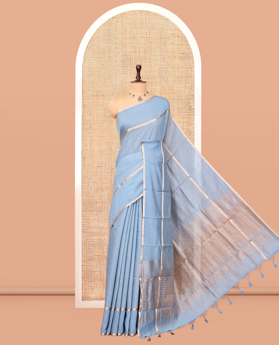 Grey Assam Silk Saree, Sparsely Woven with Zari Stripes, Highlighted by Zari Border, Zari-Striped Pallu, and a Matching Blouse