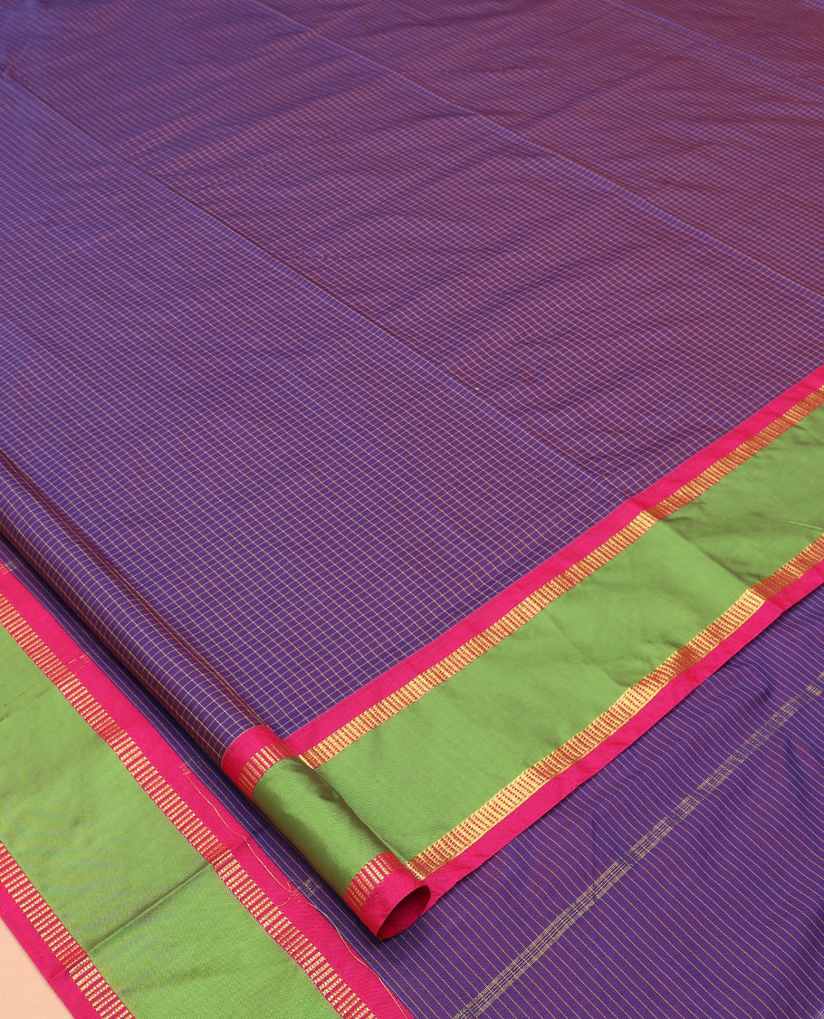 Violet Checked Art-Silk Nine Yard Saree, a Contrast Rettai Pettu Traditional Zari Border, a Self-Pallu, and No Blouse