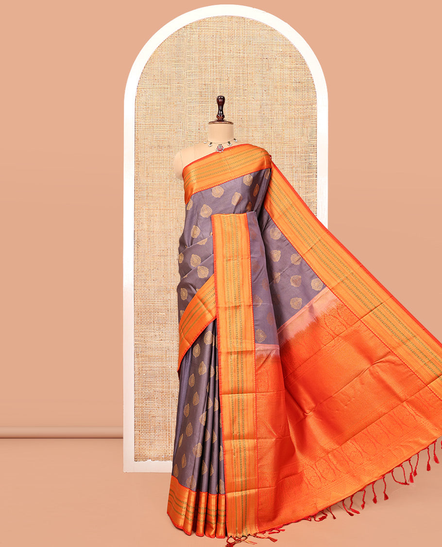 Grey Budget Silk Saree, Woven with Stripes and Buttas, Contrast Traditional Zari Border, Intricate Pallu, and a Contrast Blouse