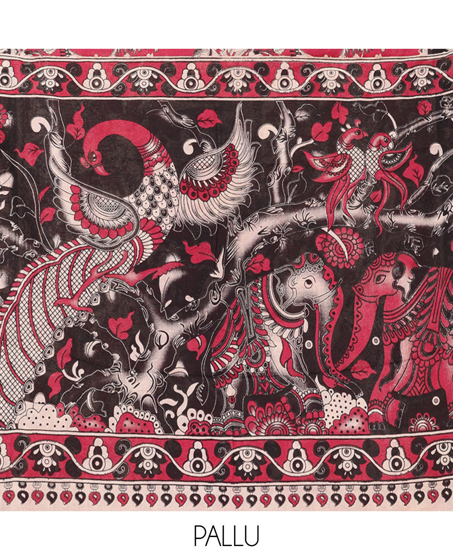 Red Kalamkari Cotton Saree, Graced with Floral Vine Print, Contrast Printed Border, Pallu of Kalamkari Peacock-Animal Motifs , and a Contrast Blouse