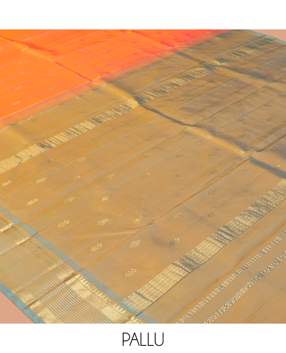 Orange Kanchipuram Silk Saree, Bedecked with Zari Buttas, Complemented by a Contrast Border of Rekku, Mayil Kann, and Muthu Design, Pallu of Zari Design, and No Blouse