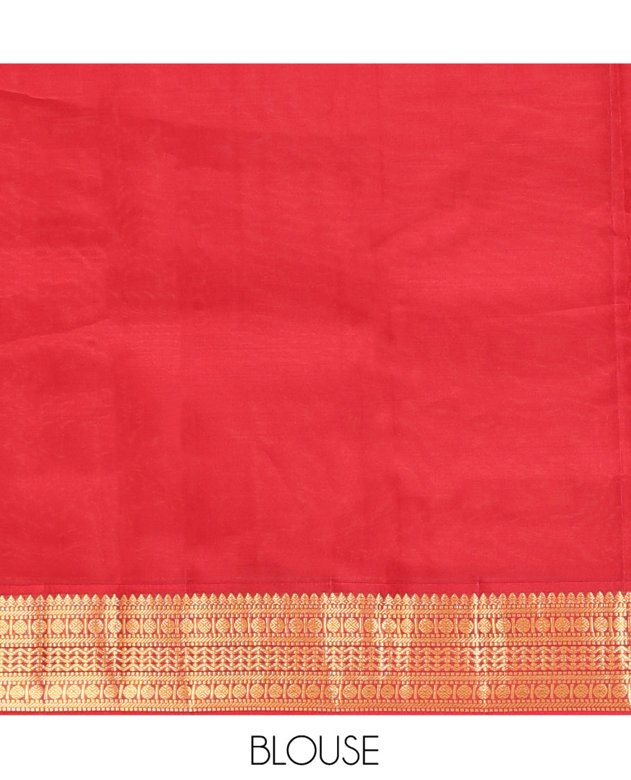Yellow Vasundhara Lite Silk Mix Saree Features Zari Buttas, a Contrast Border of Thilakam Mokku, Muthu, Banaras, Rudraksham, and Neli Designs, Jaal Pallu, and a Contrast Blouse