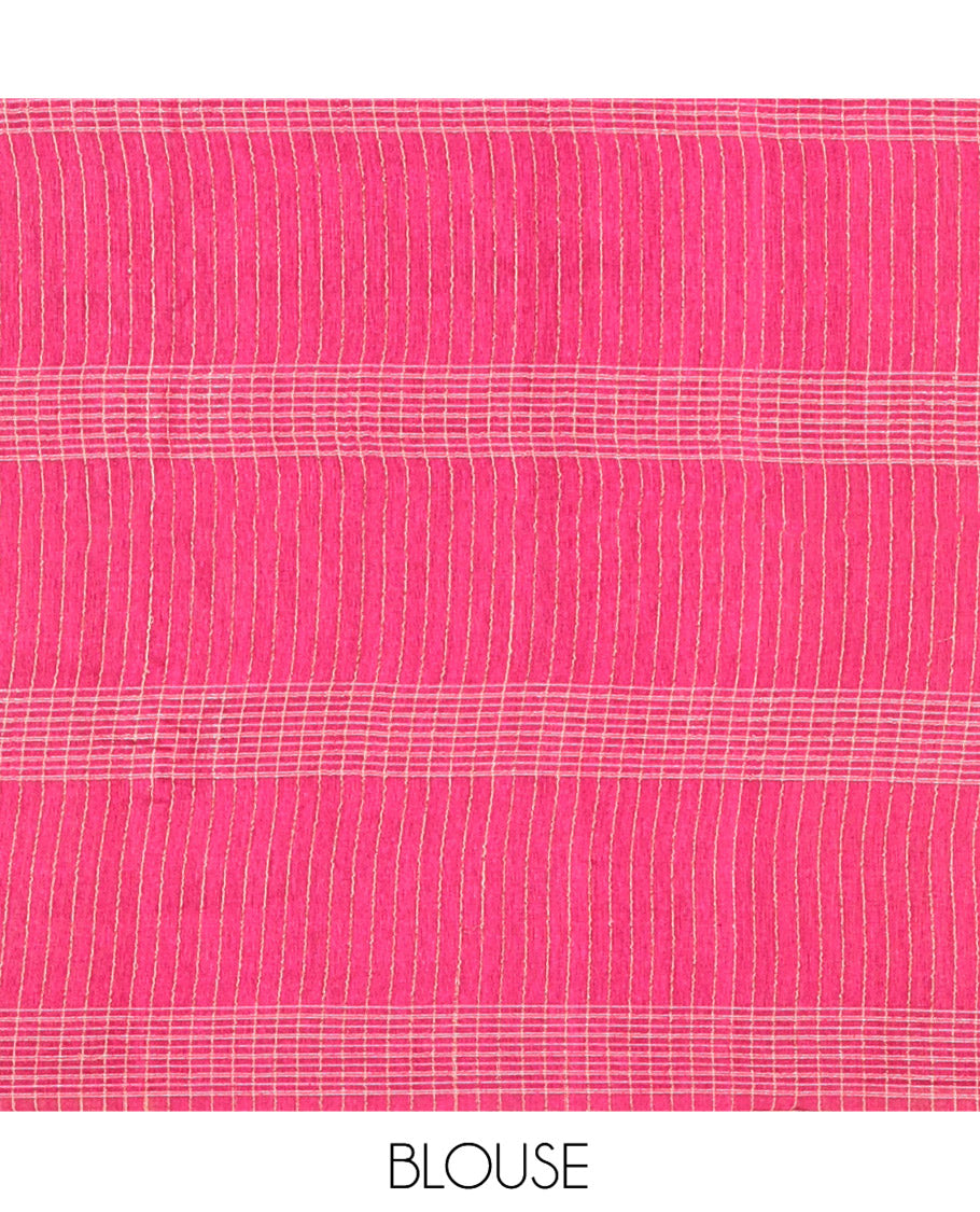Borderless Red Tussar Silk Saree, Subtly Sparkled with Stripes, Self-Pallu of Stripes, and Matching Blouse