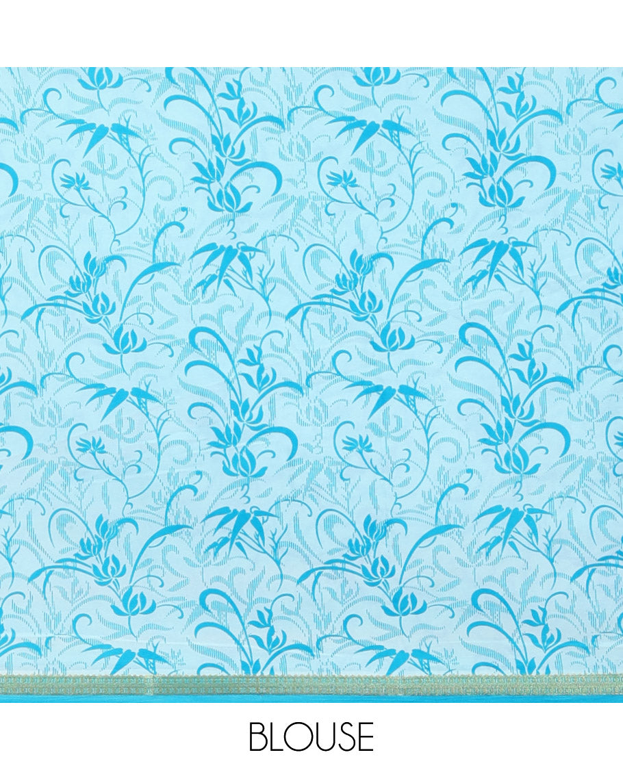 Blue Printed Silk Saree, Detailed with Floral Vine Print, a Zari Floral Printed Border, Floral Print Pallu, and a Matching Blouse