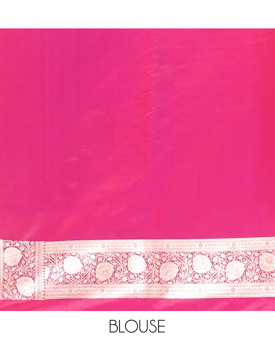 Pink Banarasi Nylon Saree, Steeped with Buttas, a Floral Creeper Zari Border, Intricate Pallu, and a Matching Blouse