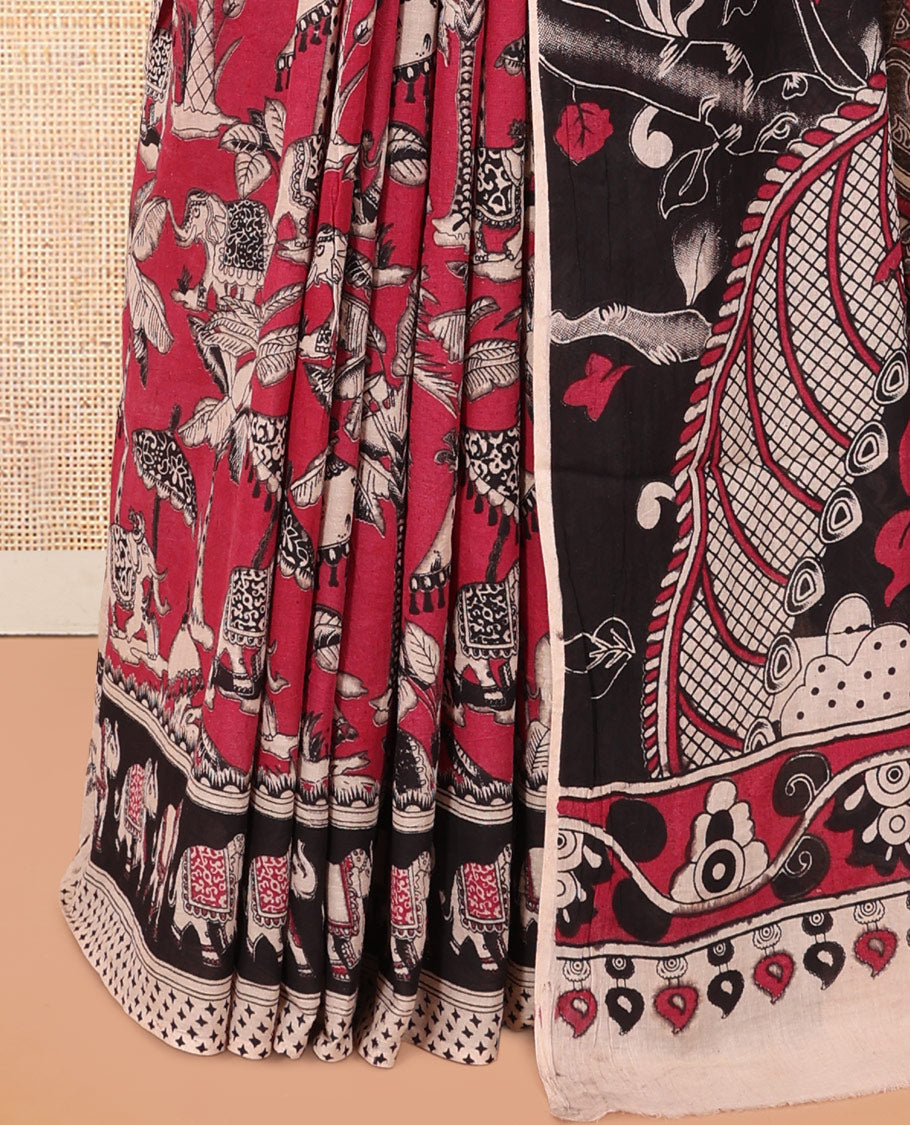 Red Kalamkari Cotton Saree, Graced with Floral Vine Print, Contrast Printed Border, Pallu of Kalamkari Peacock-Animal Motifs , and a Contrast Blouse