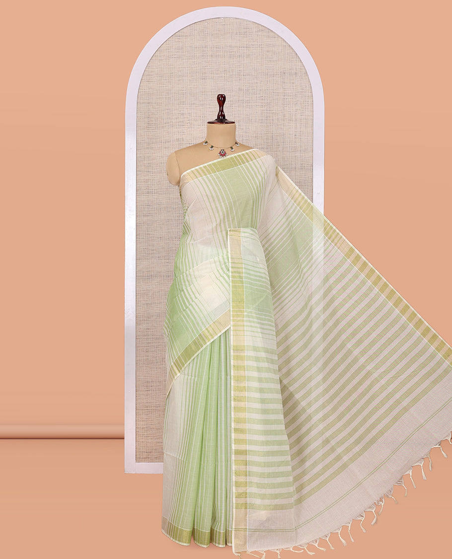 Cream-Leaf Green Jute Cotton Saree