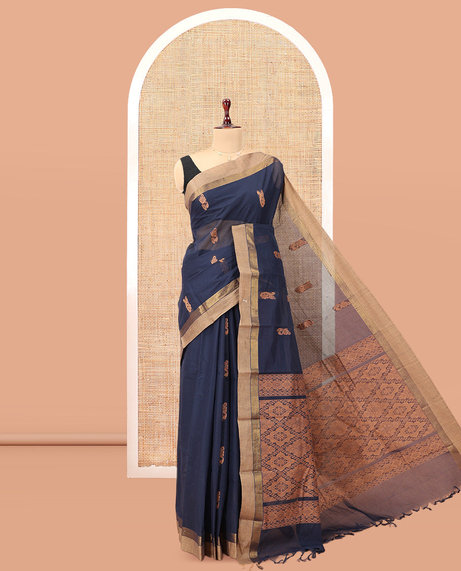 Navy Blue Kanchi Cotton Saree, Woven with Thread Buttas, a Contrast Border, Pallu of Intricate Design, and a Matching Blouse