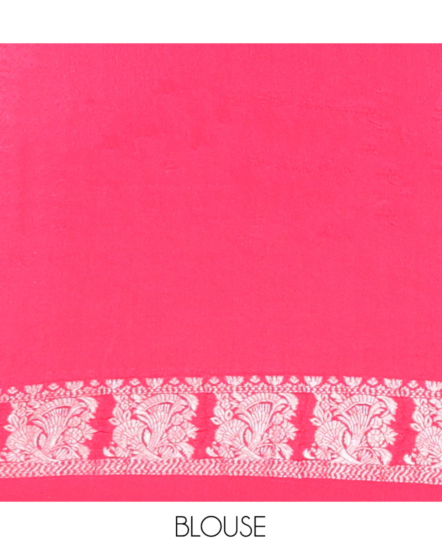Pink Plain Fancy Crepe Saree, Highlighted by a Floral Border, Intricately Designed Pallu, and a Matching Blouse