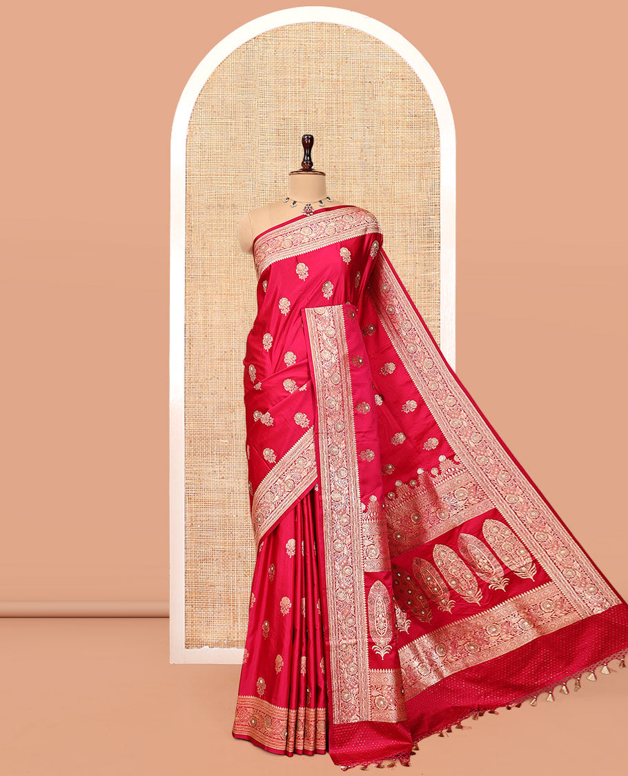 Red Banarasi Satin Saree, Spotlighted with Floral Buttas, a Floral Creeper Border, Intricate Stonework Pallu, and a Matching Blouse