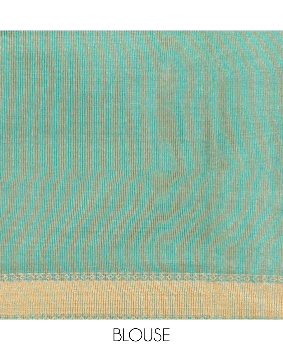 Green Tussar Silk Saree, Adorned with Buttas, a Subtle Border, Pallu of Stripes and Buttas, and a Matching Blouse