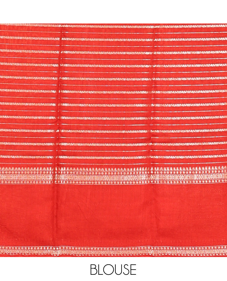 Red Assam Silk Saree, Detailed with Zari Stripes, Highlighted by a Traditional Border, Zari Striped Pallu, and a Matching Blouse