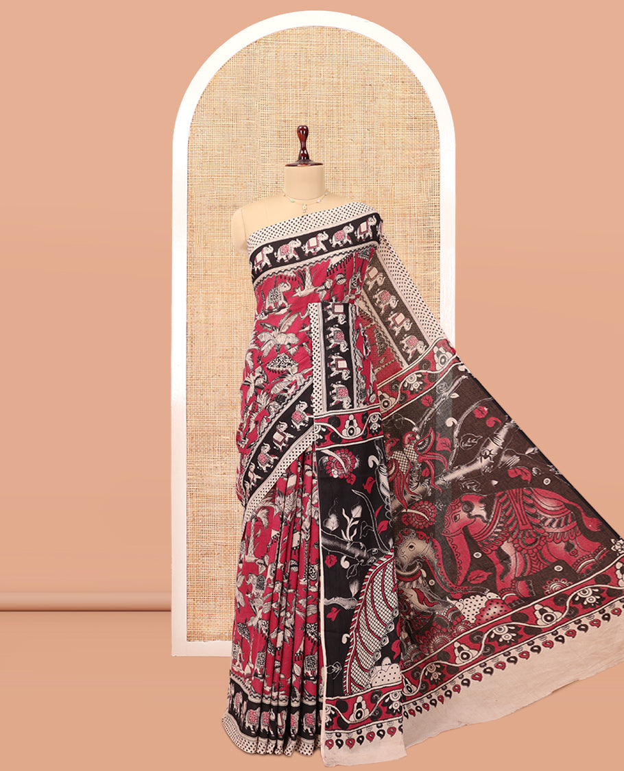 Red Kalamkari Cotton Saree, Graced with Floral Vine Print, Contrast Printed Border, Pallu of Kalamkari Peacock-Animal Motifs , and a Contrast Blouse
