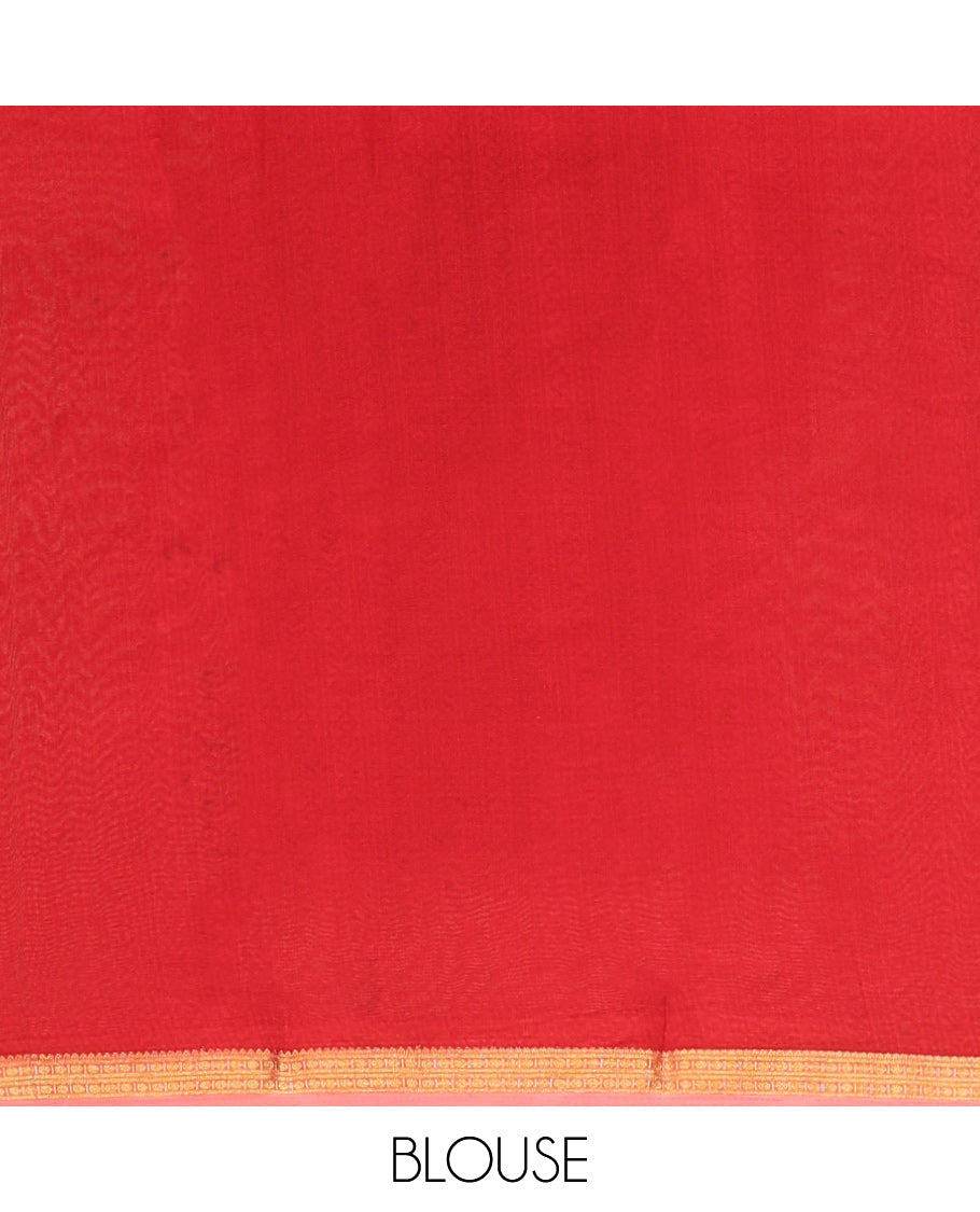 Red Printed Silk Saree, Ornamented with Floral Vine Print, a Contrast Traditional Zari Border, Floral Pallu, and a Matching Blouse