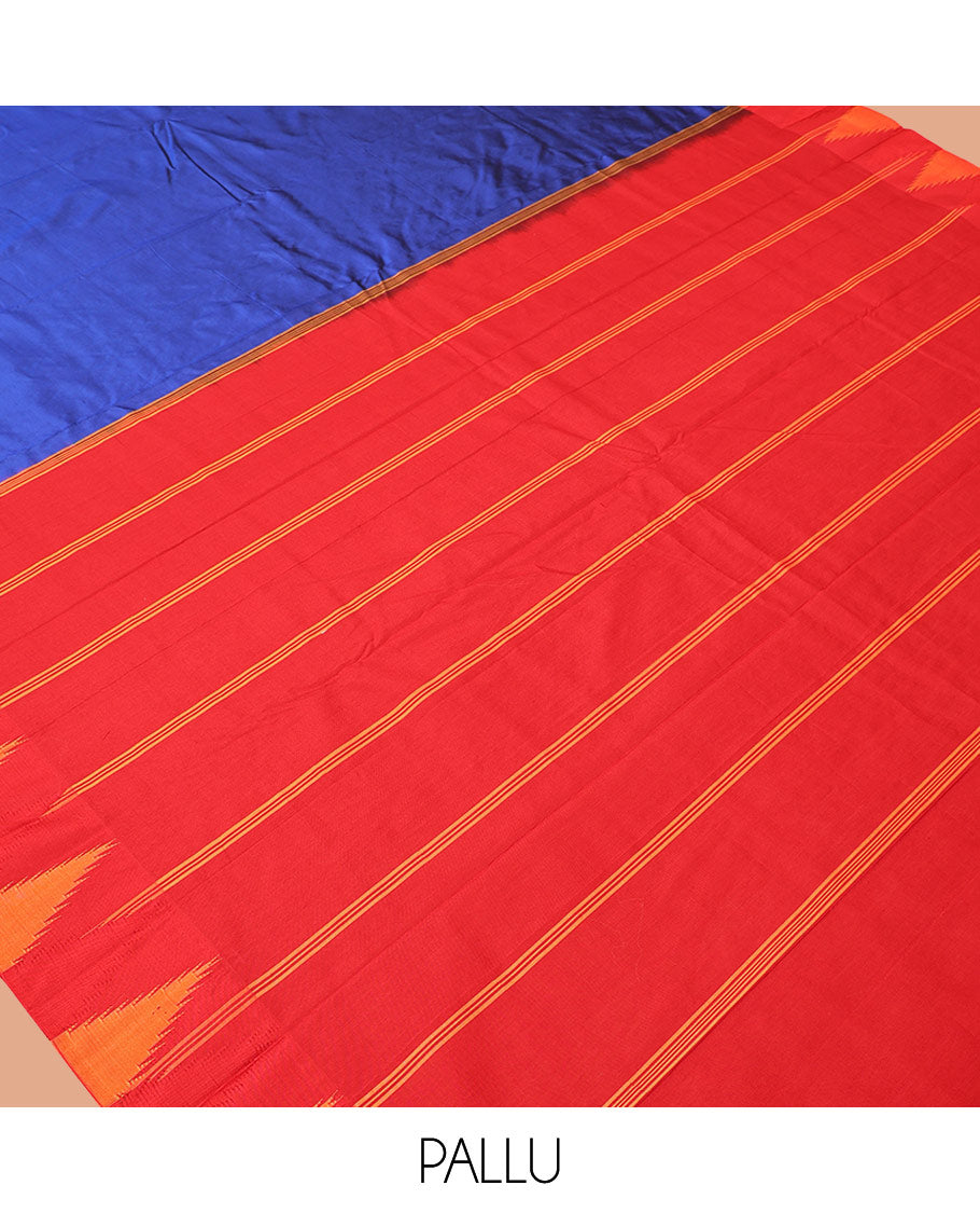 Blue Plain Bangalore Silk Saree, Complemented by a Contrast Temple Border, Pallu of Stripes, and a Contrast Blouse