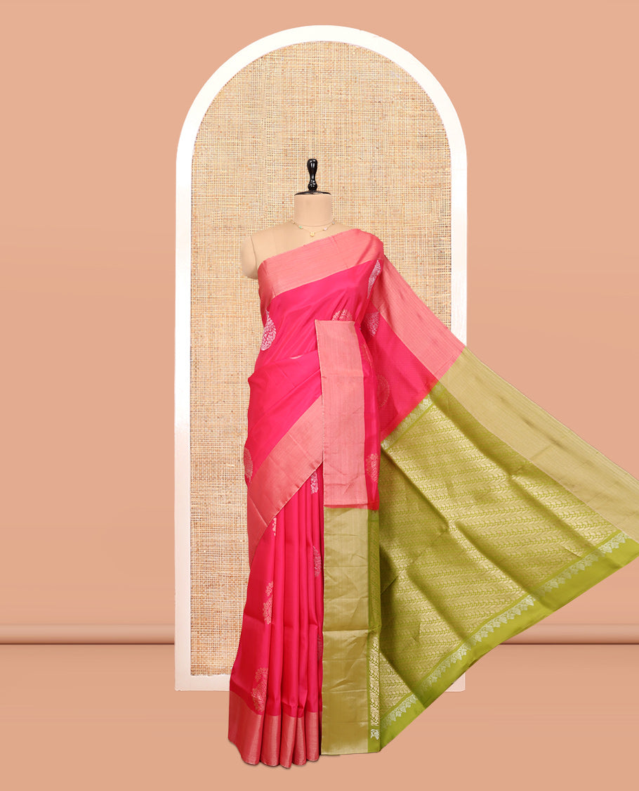 Pink Uppada Saree, Accentuated with Floral Buttas, a Bavanji Border, Contrast Intricate Pallu, and a Contrast Blouse