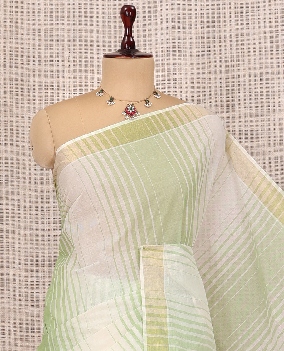 Cream-Leaf Green Jute Cotton Saree