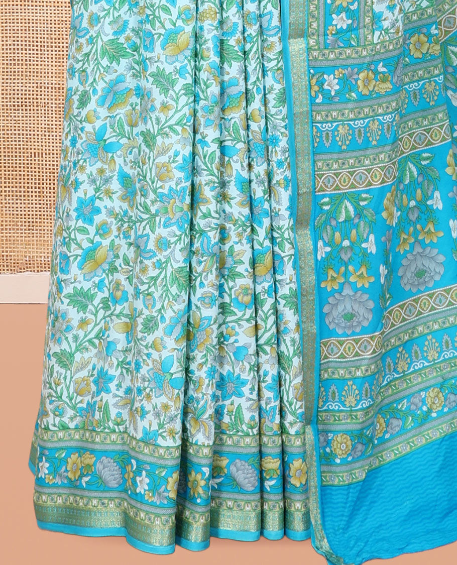Blue Printed Silk Saree, Detailed with Floral Vine Print, a Zari Floral Printed Border, Floral Print Pallu, and a Matching Blouse