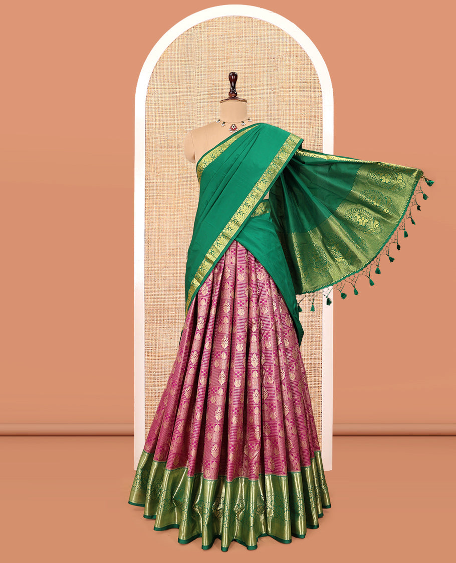Purple Art Silk Material Half Saree Featuring Jacquard Skirt, a Contrast Traditional Zari Design Border, Contrast Blouse, and an Intricate Dhavani
