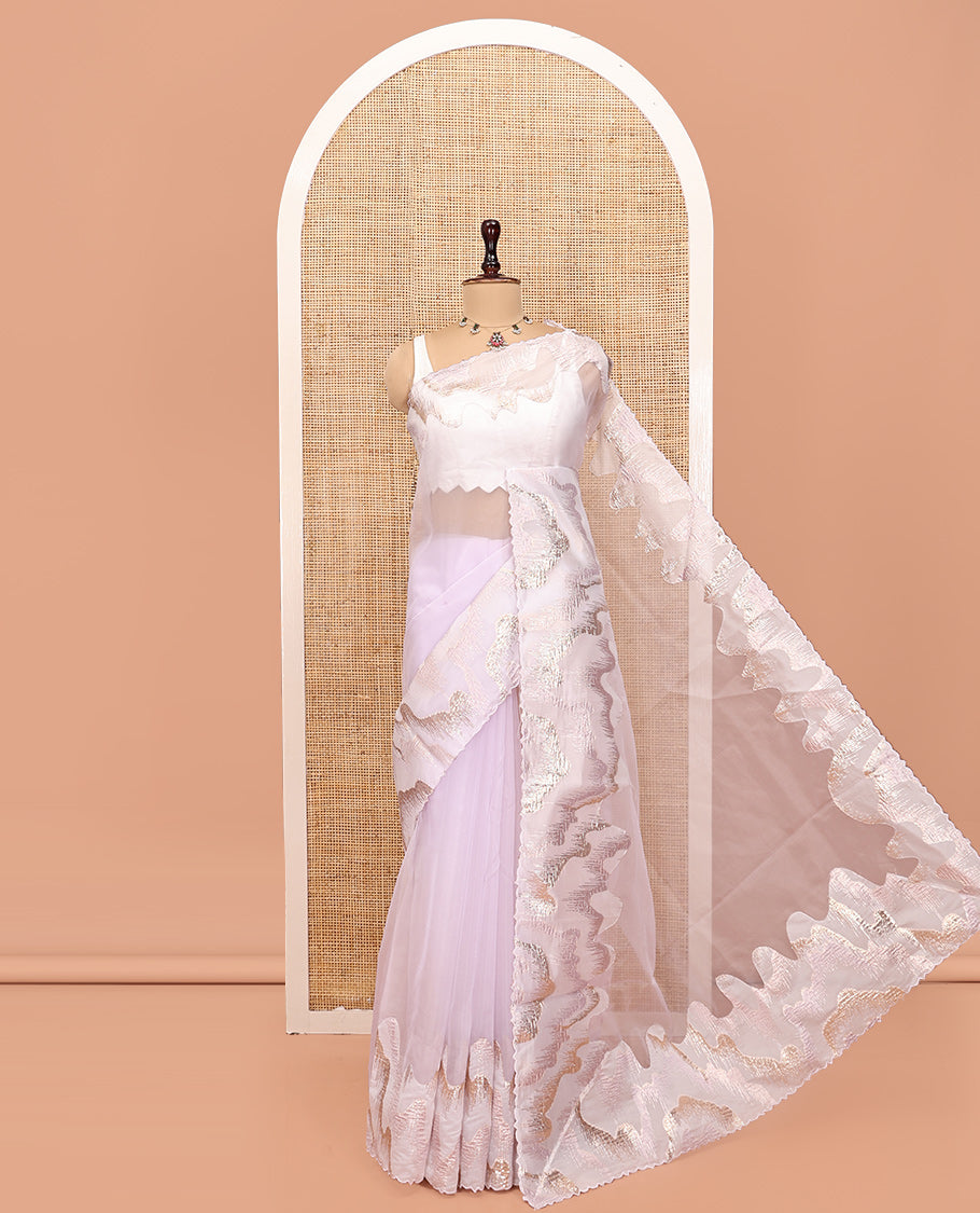 Pale Lavender Plain Organza Saree, Gleamed Up with Golden-Foil Floral Embroidery Border and a Matching Blouse