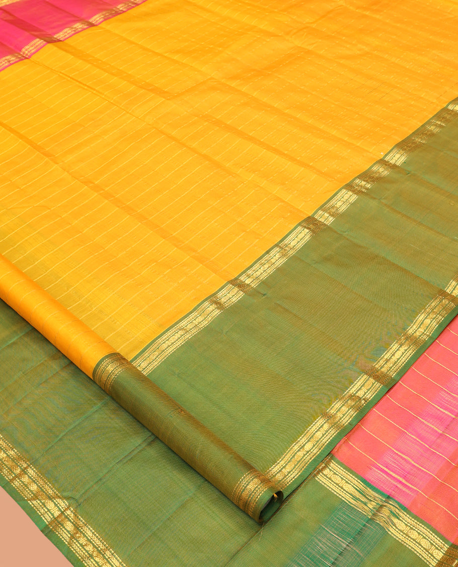 Yellow Kanchipuram Silk Saree, Subtly Woven with Checks, Complemented by a Contrast Ganga-Jaumna Rettai Pettu Border of Muthu, Kathir, and Rudraksham Designs, Striped Pallu, and a Contrast Blouse