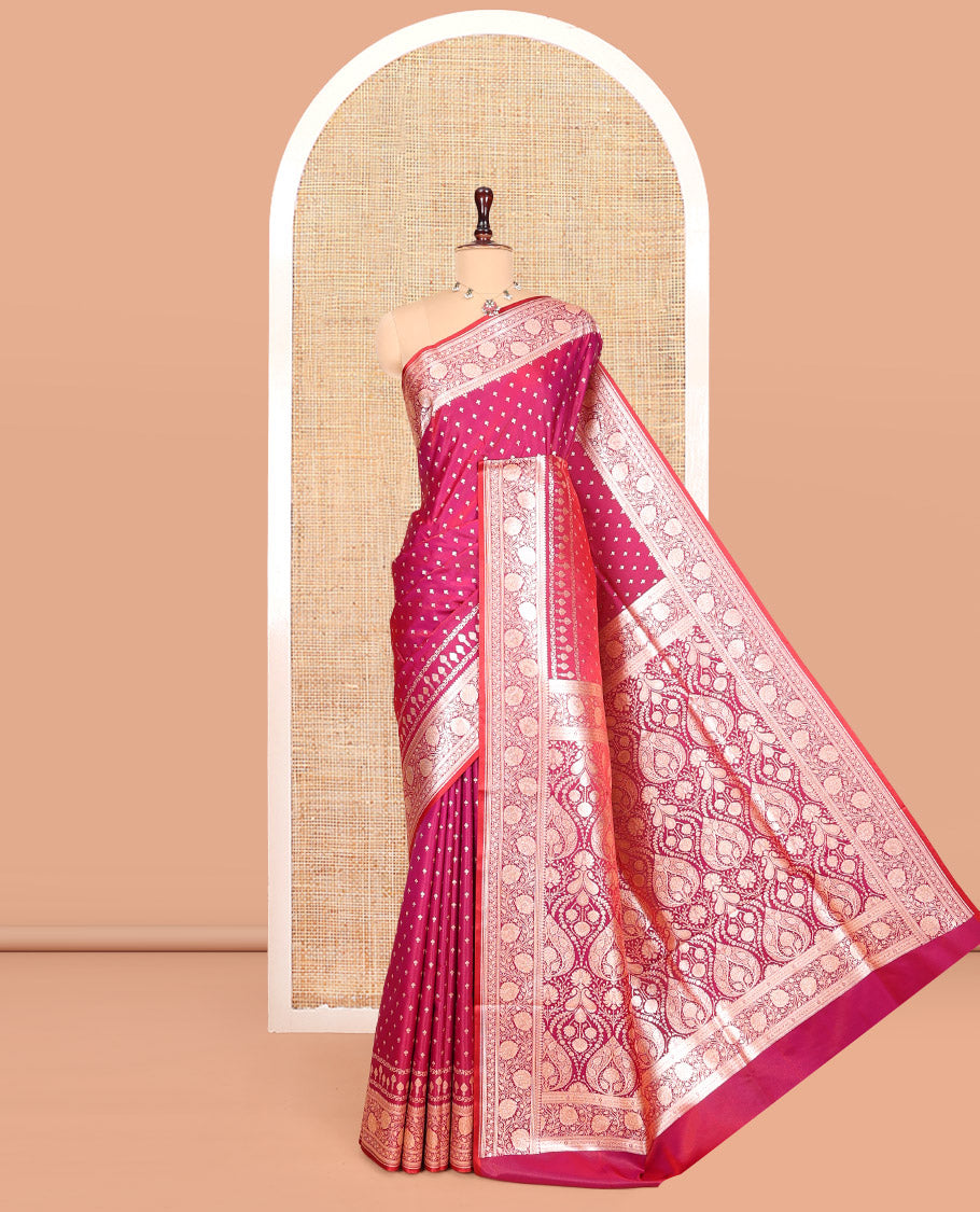 Pink Banarasi Nylon Saree, Steeped with Buttas, a Floral Creeper Zari Border, Intricate Pallu, and a Matching Blouse