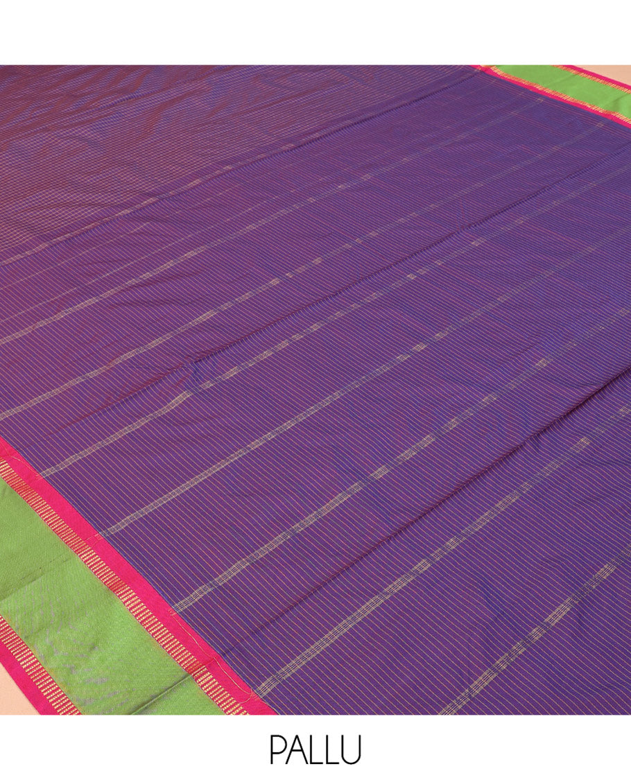 Violet Checked Art-Silk Nine Yard Saree, a Contrast Rettai Pettu Traditional Zari Border, a Self-Pallu, and No Blouse