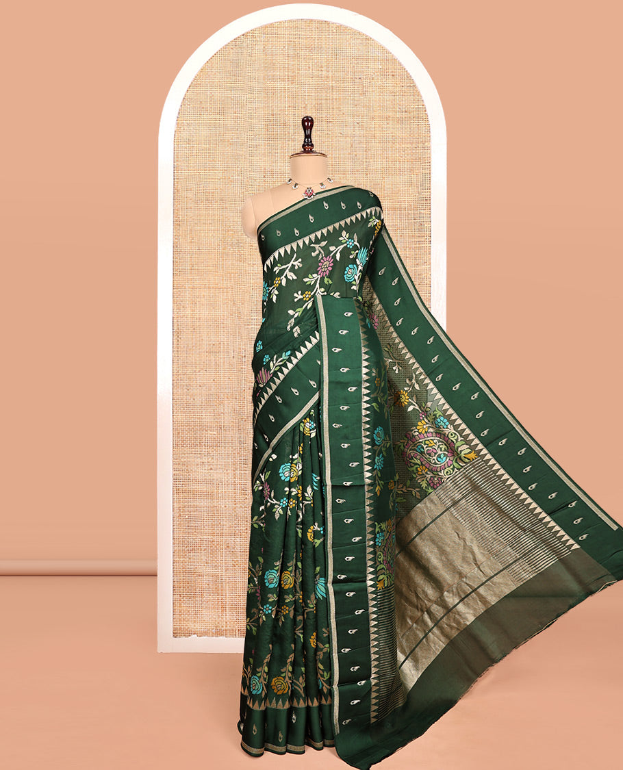 Green Matka Silk Saree, Featuring Meenakari Floral Vine All Over Its Body, Highlighted by Temple Border of Buttas, Pallu of Meenakari Floral Designs, and Paired with a Matching Blouse