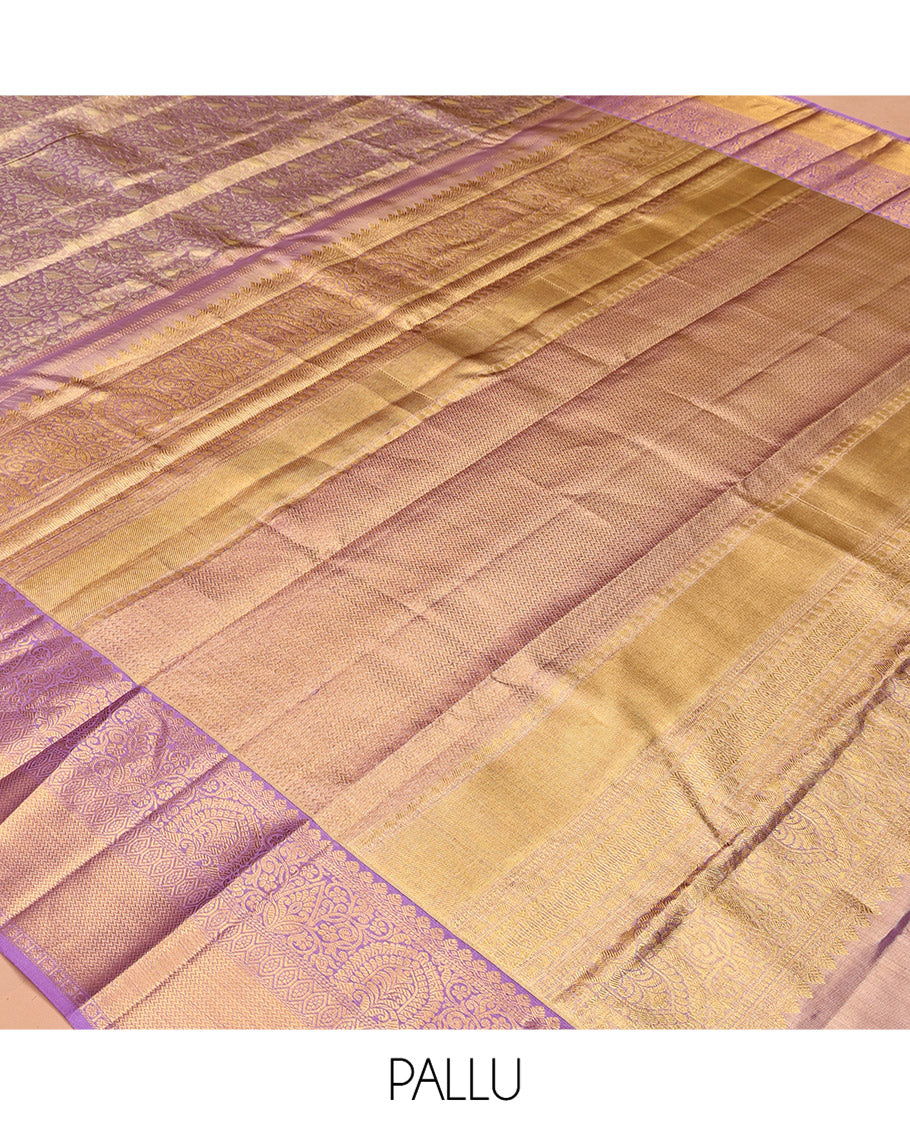 Lavender Kanchipuram Tissue Silk Saree, Elegantly Highlighted with Jacquard Design, Complemented by Contrast Border of Thilakam Mokku, and Vanki Designs, Grand Pallu, and Matching Blouse