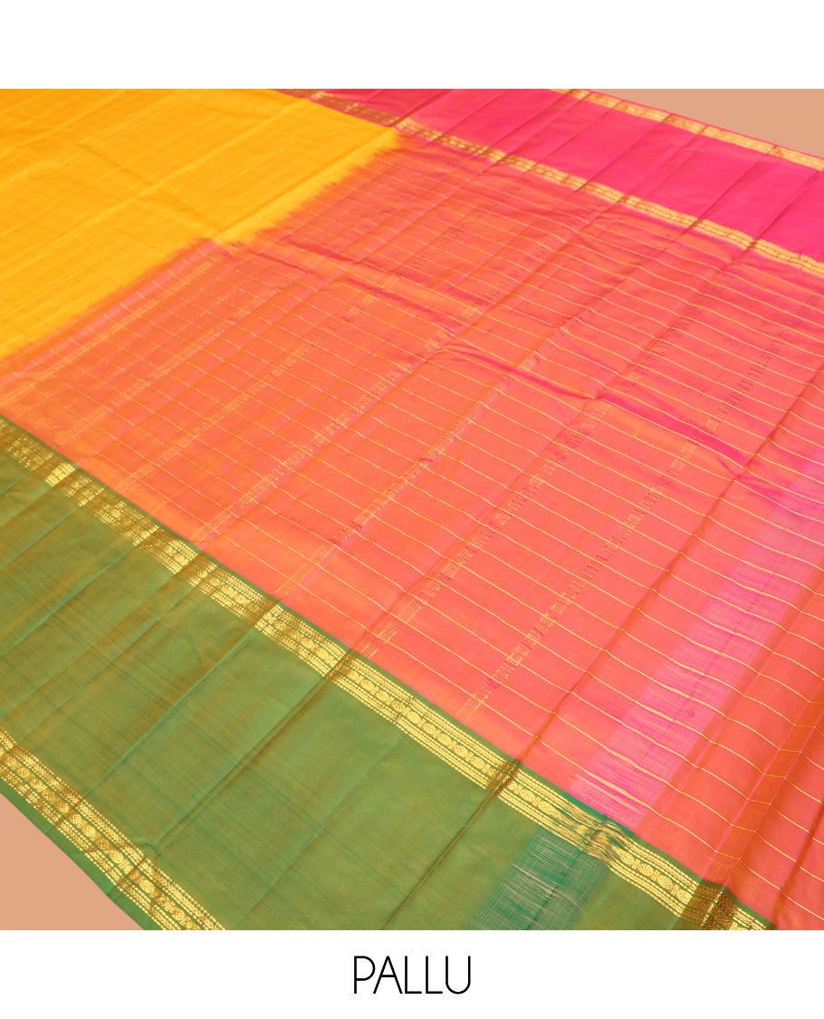Yellow Kanchipuram Silk Saree, Subtly Woven with Checks, Complemented by a Contrast Ganga-Jaumna Rettai Pettu Border of Muthu, Kathir, and Rudraksham Designs, Striped Pallu, and a Contrast Blouse
