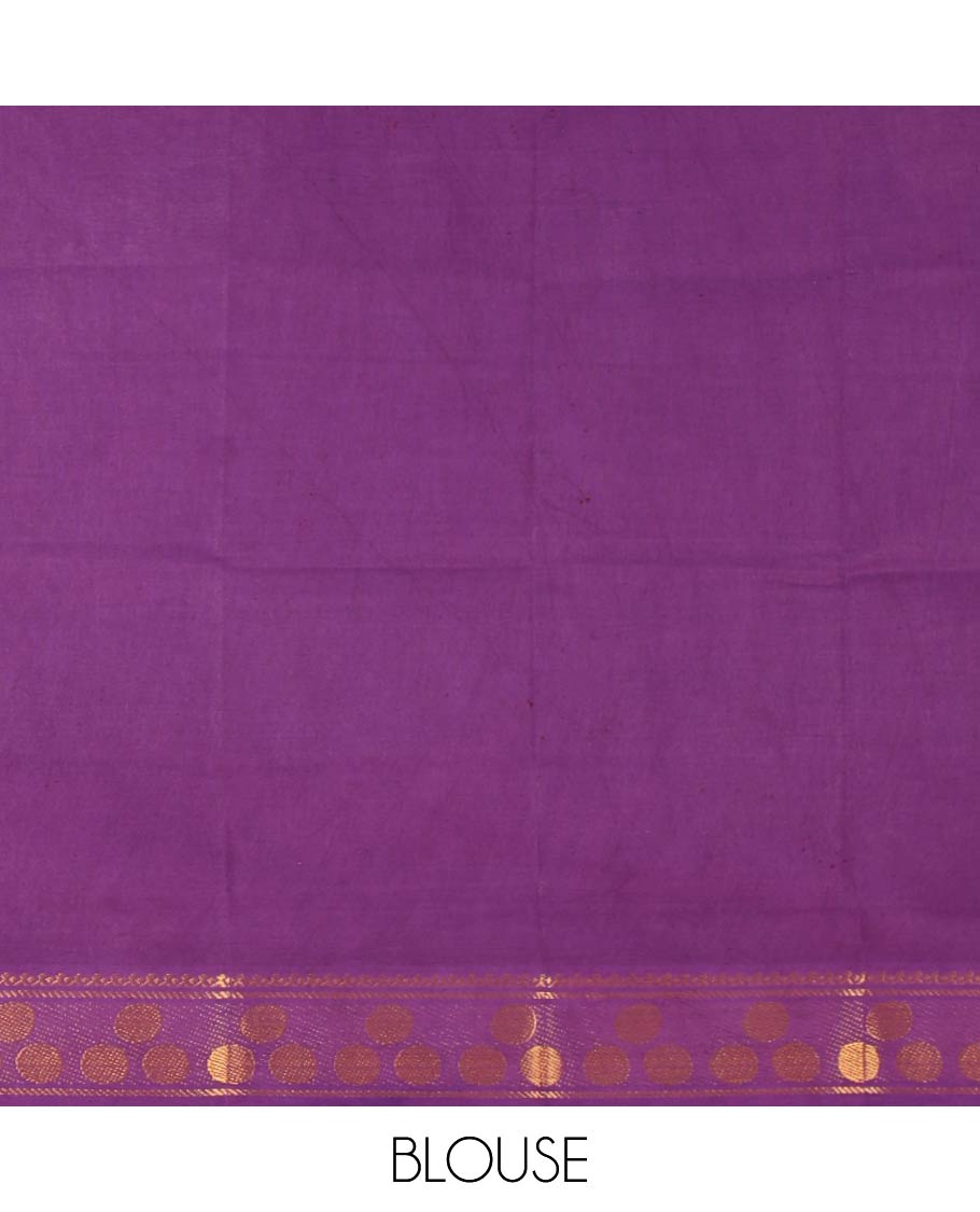 Black full-plain sungudi cotton saree, contrast zari round motif big border, lining seer pallu & plain purple blouse
