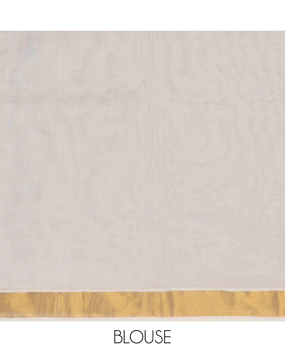 Cream kerala saree with zari designs, zari border & pallu of peacock designs