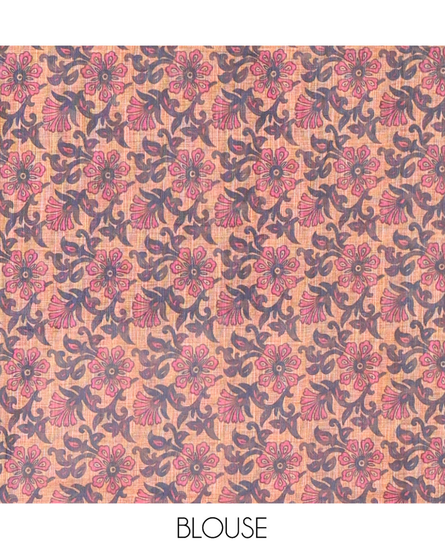 Pink Linen Cotton Saree, Adorned with Shibori Print On Its Body, Subtle Piping Border, Pallu Steeped with Floral Vine Print, and Paired with a Printed Blouse