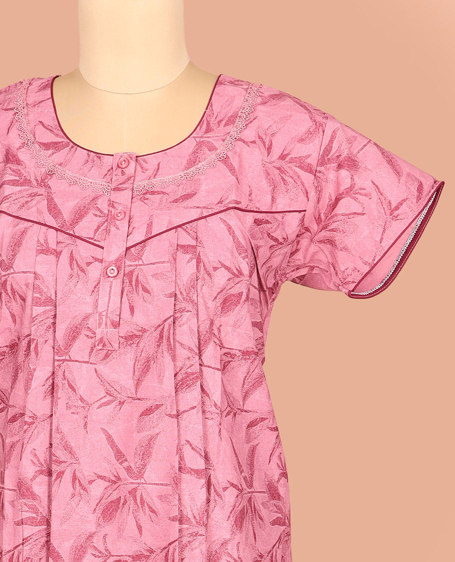 Pink Cotton Nighty Styled with Silhouette Floral Motifs Print, Featuring Lace Work, Round Front Neck, and Half Sleeves