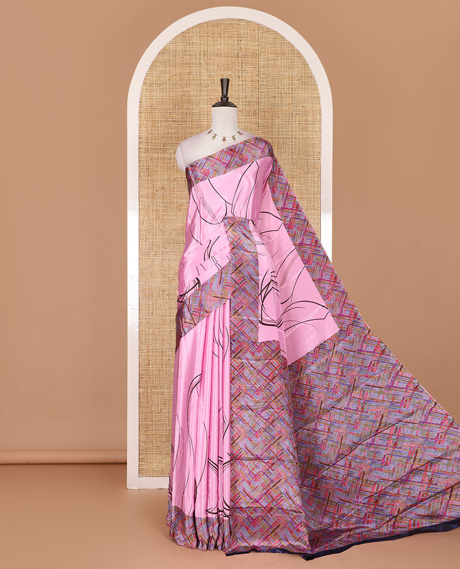 Pink abstract style geometric printed Turkey crepe saree, contrast border, and pallu of abstract textured print