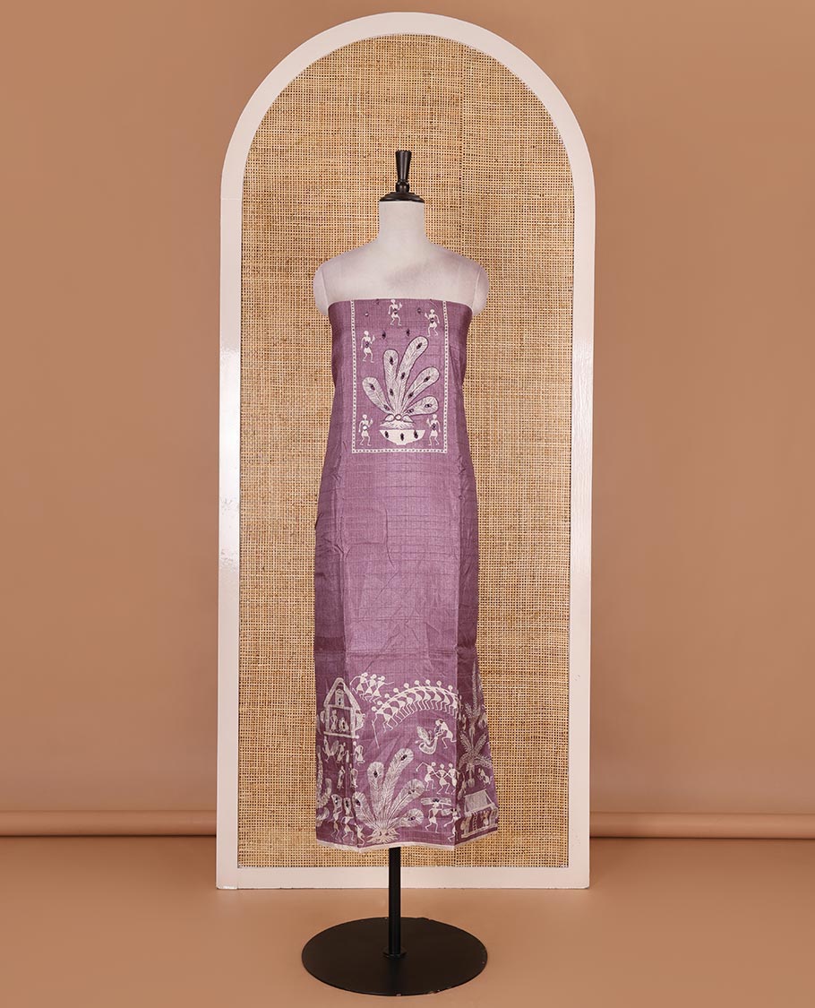 Purple material churidar set, warli tribe village theme print with mirror work semi-tussar top, plain bottom, and warli tribe village theme print semi-tussar dupatta
