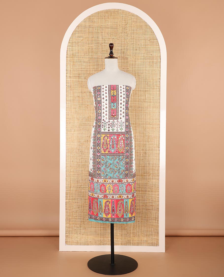Cream with multi-color chikankari , butta design, mirror work cotton chudidhar material top with cotton pant & chikankari embroidery dupatta