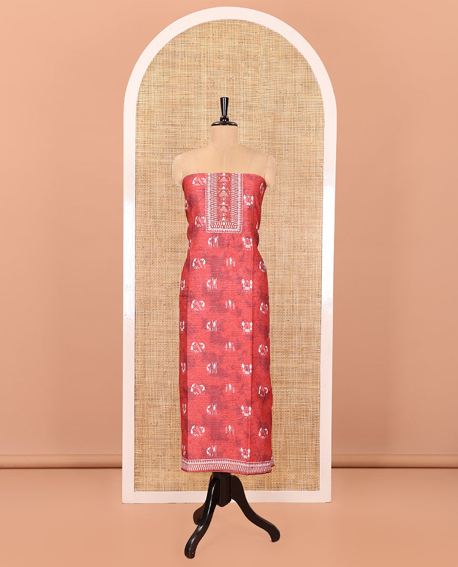Peach Material Churidar Set, Delicately Designed with Warli Motifs Printed on Chanderi Top, Comes with a Plain Santoon Bottom, and Is Paired with a Chanderi Dupatta Featuring Warli-Village Themed Motifs Print