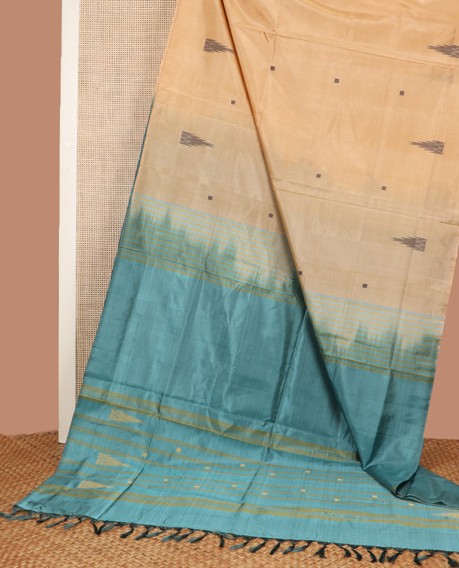 Borderless Sandal Banana Pith Saree, Adorned with Temple Buttas All Over Its Body, Complemented by a Contrast Pallu of Stripes and Temple Buttas, and Paired with a Contrast Blouse