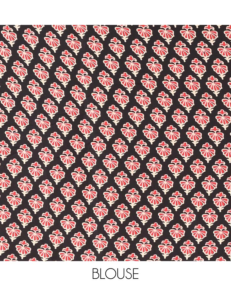 Black plain gajji silk saree features a temple-printed border, a circular-shaped vine-patterned pallu, and a unique motif-printed blouse